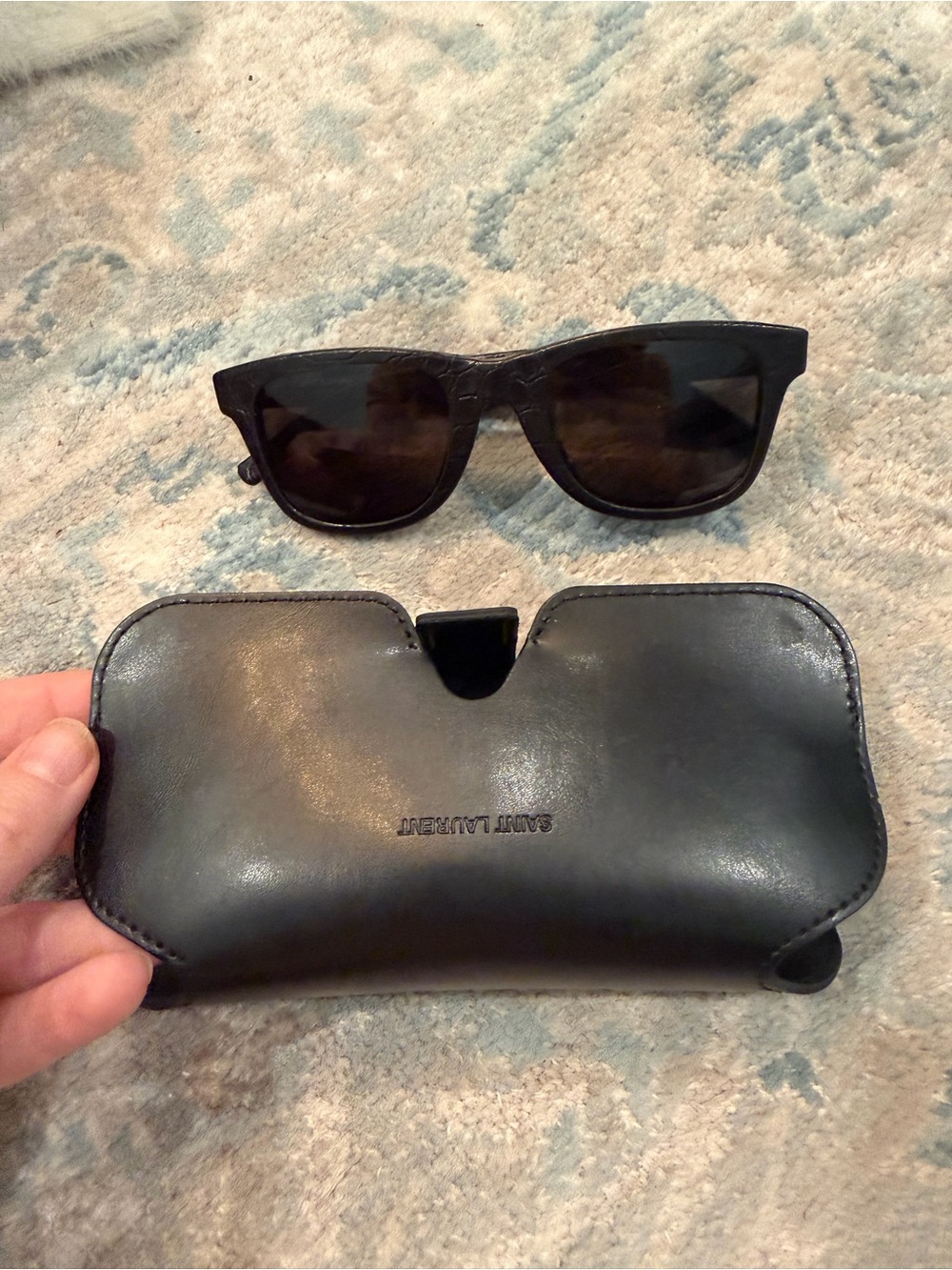 Saint Laurent Black Croc Leather Textured Square Sunglasses